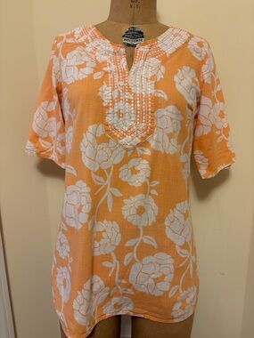Orange & White Floral Embroidered Tunic Blouse